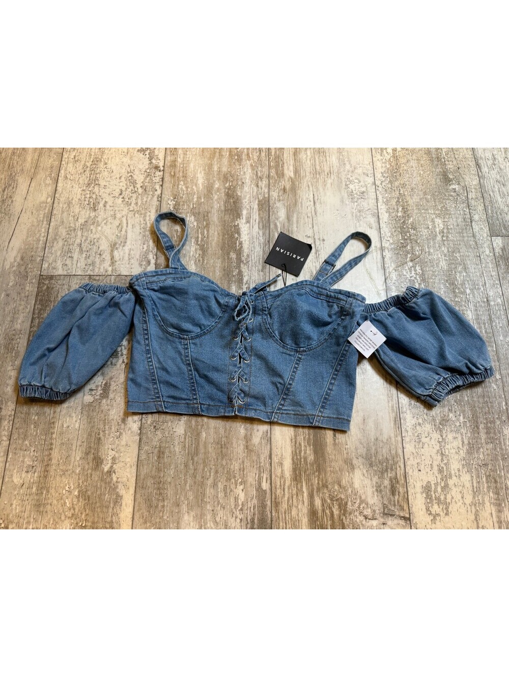 Parisian Womens US 8 Denim Corset Top NWT Lace Up Puff Sleeve
